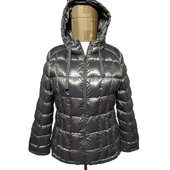 Calvin Klein Puffer Jacket Womens XL Gray Packable Premium Down Hooded Full Zip - Picture 1 of 13